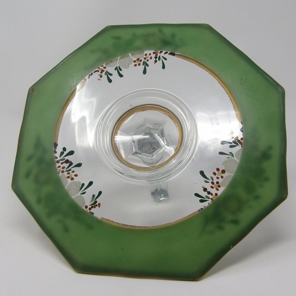 Vintage Glass Tidbit Tray Green and Gold Rimmed with Hand Painted Enamel Flowers - Picture 10 of 10